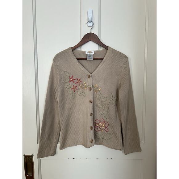 Talbots Sweaters - Vintage Talbots Floral Embroidered Beaded Cardigan Sweater Womens Size Med. Tan